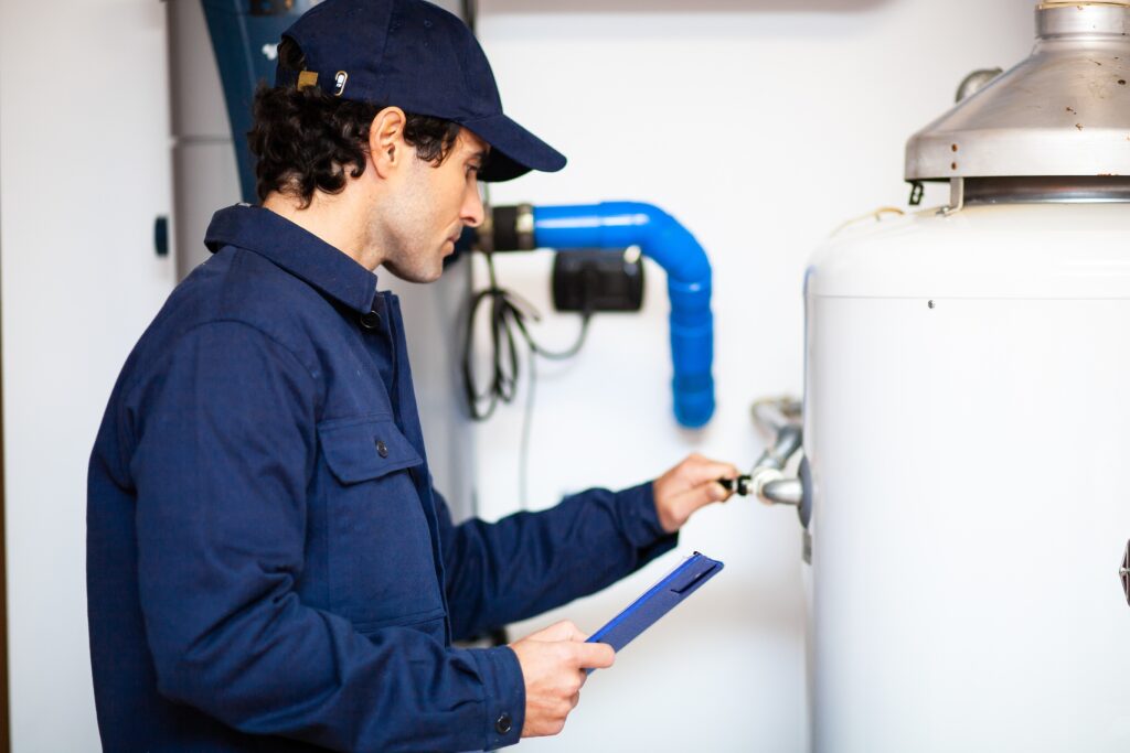 Plumber fixing water heater